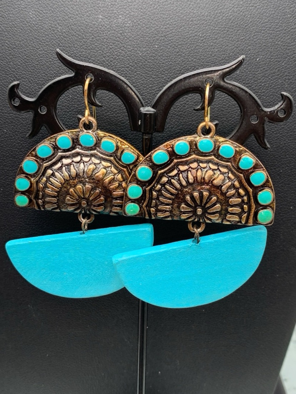 Turquoise enamel and wood and Antique Gold Semi-Circle Dangle Earrings